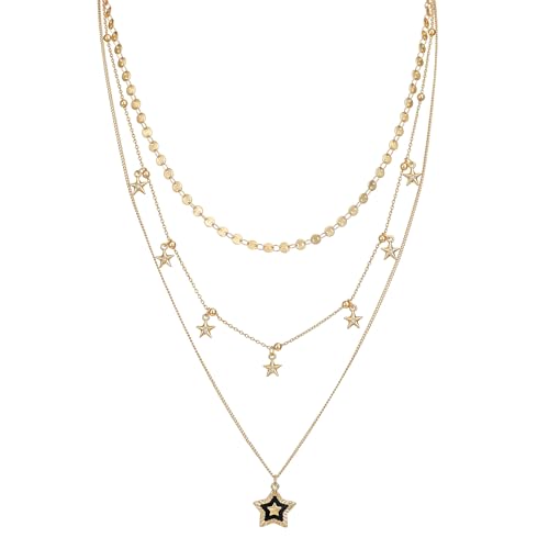 SEADAY Layered Gold Necklace for Women, 3-in-1 Gold Stack Necklace | Long Gold Necklace, Square, Hypoallergenic, Tarnish-resistant & Adjustable, Fashion Jewelry Gift Box & Gift Bag - color: Gold - Black Star