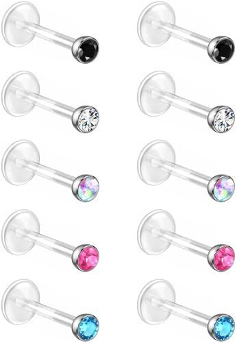 Bioflex Labret Plastic Lip Piercing Jewelry for Monroe, Medusa, Ashley and Cartilage Piercings, Tragus, Conch, Helix, Daith - 16g Clear Post Studs with Push-In CZ Crystals - color: Jet, Clear, AB, Rose, Aqua, size: 7mm