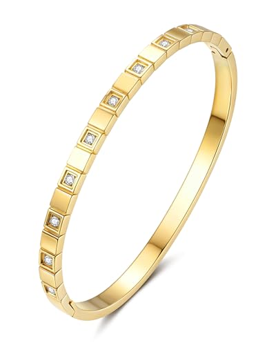 Joo&Rind Gold Bangle Bracelets for Women 18K Gold Plated Stainless Steel Bracelet Oval Hinged Bangles for Small Wrists Non Tarnish Waterproof with Cubic Zirconia Jewelry Gift for Everyday Wear Birthday - color: Square White Zirconia-Gold