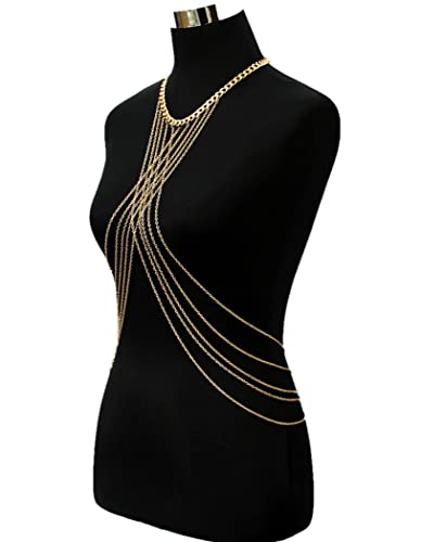 Harness Body Chain Sexy Layered Tassel Belly Waist Chain Necklace Boho Hot Bikini Nightclub Party Beach Body Jewelry for Women and Ladies Gold Tone - style: A:Cross