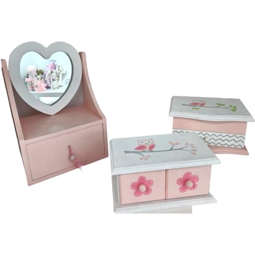 A&C Quinceañeras and More Jewelry Box for Little Girls, Wooden, Pink, Gift Box Heart Shame Mirrow with drawer. (Set of 3) - style: Set of 3