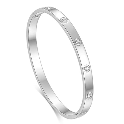 VQYSKO Love Friendship Bracelet Bangle Gold Rose Gold Silver with Cubic Zirconia Stones Stainless Steel Hinged Jewelry with Crystal Oval Bracelet Birthday Present for Her Women Teen Girls - style: 6.3 Inch-Oval-Silver