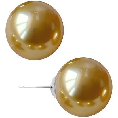 Gold & Brown Faux Pearl Stud Earrings, S925 Silver Posts Hypoallergenic for Women - color: Gold, size: 14mm