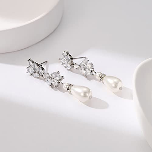 SWEETV Cubic Zirconia Pearl Drop Wedding Earrings for Brides, Ivory Bridal Pearl Earrings for Bridesmaid Jewelry Gift - color: 06.Style 6