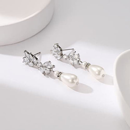 SWEETV Cubic Zirconia Pearl Drop Wedding Earrings for Brides, Ivory Bridal Pearl Earrings for Bridesmaid Jewelry Gift - color: 06.Style 6