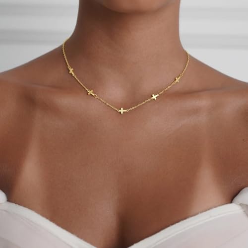 Cross Necklace for Women Dainty Small Cross Pendant Choker 14K Gold Plated Simple Trendy Cute Cross Charm Chain Necklace Easter Baptism Religious Faith Jewelry Gift - color: Five Cross-GD