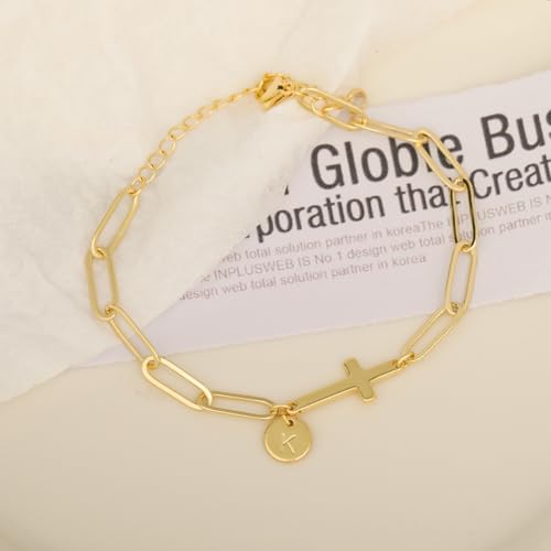 Gold Bracelets for Women,14K Gold-Plated Dainty A-Z Letter Cross Initial Bracelet for Women, Hypoallergenic Paperclip Chain Bracelets Fashion Accessories Religious Christian Gift - color: H
