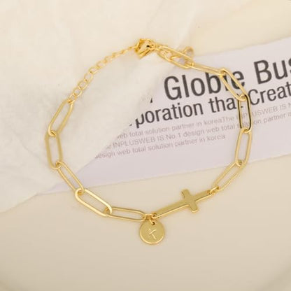 Gold Bracelets for Women,14K Gold-Plated Dainty A-Z Letter Cross Initial Bracelet for Women, Hypoallergenic Paperclip Chain Bracelets Fashion Accessories Religious Christian Gift - color: Q