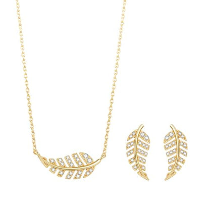 COBI Jewelry Set for Women, 18K Gold & Rhodium Plated CZ Necklace & Earrings, Clover Halo Infinity Solitaire Feather Designs, Dainty Crystal Pendant Sets, Trendy Fashion Gifts for Her - style: Feather