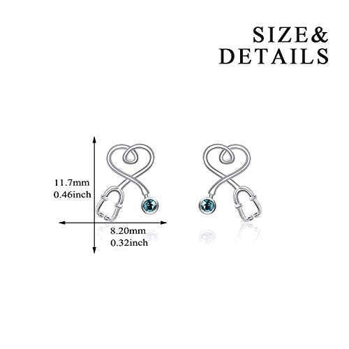 Stethoscope Earrings 925 Sterling Silver Heart Studs Earrings 12 Months Birthstone Crystals from Austria, Graduation Jewelry Gifts for Nurse Doctor RN Medical Student - color: Simulated Turquoise