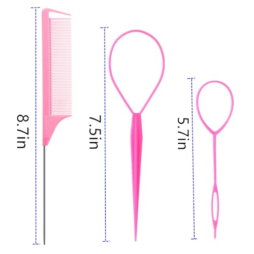 Luumxai 9pcs Topsy Hair Tail Tool and rat tail comb set,6pcs French Braiding Tool ring,3Pcs Metal Parting Combs,Woman Girl Hair Styling (Pink,Purple, Black) - color: Pink/Purple/Biack