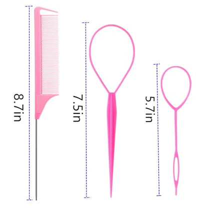 Luumxai 9pcs Topsy Hair Tail Tool and rat tail comb set,6pcs French Braiding Tool ring,3Pcs Metal Parting Combs,Woman Girl Hair Styling (Pink,Purple, Black) - color: Pink/Purple/Biack