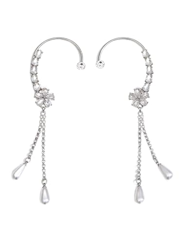 2PCS Flower Tassel Zircon Earrings Ear Cuffs No Piercing Flower Climber Wrap Around Earrings Pearl Drop Earrings for Women Fairy Ear Clip Dainty Wedding Earrings for Brides - color: Style 4 - Silver