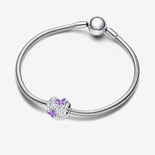 Butterfly Flower Garden Charm Magnolia Bloom Crystal Opennwork Enamel Bead for Pandora Charm Bracelet - style: Purple Butterfly