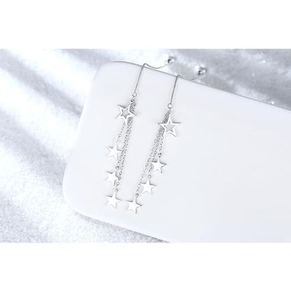 925 Sterling Silver Dangle Earrings with Charms Heart, Water drop, Moon, Star Long Drop Earring for Women Jewelry Gifts Hypoallergenic - color: star pearl-white