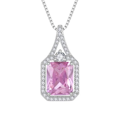 Created Gemstone Necklace 925 Sterling Silver Halo Rectangular Pendant Birthstone Necklaces Jewelry Gifts for Women - color: 10 October - Pink Tourmaline