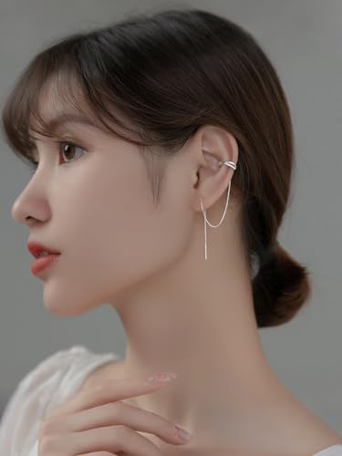 Long Chain Cuff Earrings Gold Silver Wrap Tassel Earrings Minimalist Cz Round Stud With Chain Cuff Double Piercing Jewelry Statement Fake Earrings for Women - color: style1-silver-1pcs