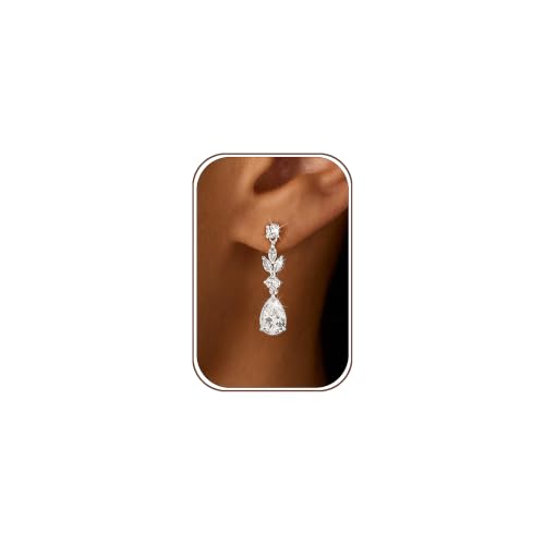 LLWOM 14K Gold Plated Cubic Zirconia Elegant Dangle Earrings for Women | CZ/Flower/North Star/Leaf Drop Earrings for Women, Statement Earrings for Wedding Party Prom, Hypoallergenic Jewelry Gift - color: Silver Leaf Teardrop