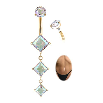 GAGABODY G23 Titanium Dangly Belly Button Ring Long Belly Rings Belly Piercing Jewelry 14G 3/8 inch 10mm Navel Barbell CZ Navel Piercing Ring - color: Style1:Gold+Dangle Square Shape Clear ABCZ