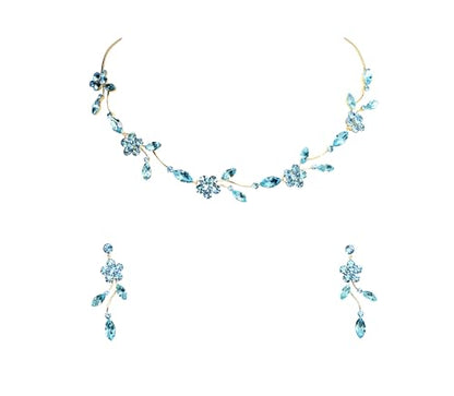 Faship Gorgeous Rhinestone Crystal Floral Necklace Earrings Set - color: Aqua / Gold plated