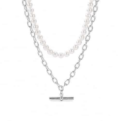 Layered Necklaces for Women Pearl Necklace Stack Gold T Bar Necklace Set Dainty Heart Pendant Jewelry Trendy 2026 Fashion Accessories Gifts - color: B2:2pcs-silver-8mm