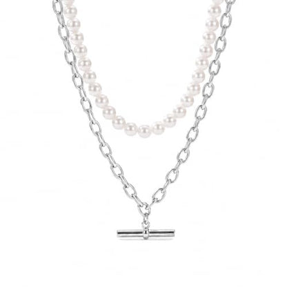 Layered Necklaces for Women Pearl Necklace Stack Gold T Bar Necklace Set Dainty Heart Pendant Jewelry Trendy 2026 Fashion Accessories Gifts - color: B2:2pcs-silver-8mm