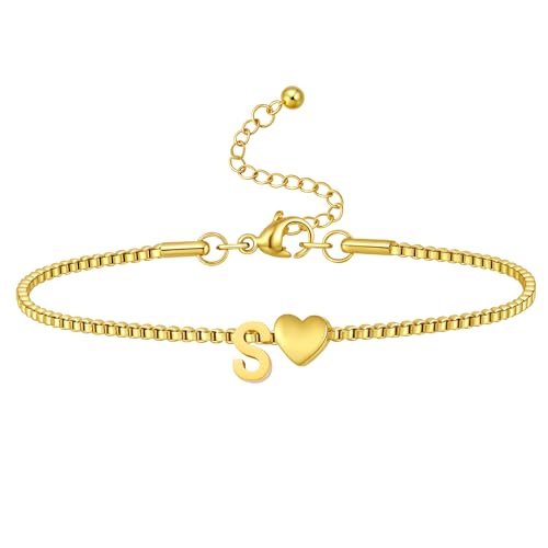 Gold Initial Bracelet for Women Dainty Personalized Name Bracelet | 14K Gold Plated, Letter A-Z Bracelet, Tiny Gold Initial Cute Heart Bracelet Jewelry Gift - color: S
