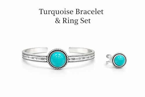 Isac Turquoise Cuff Bracelet and Ring Set, Silver-Tone, Boho Western Style, Arrow Engraved, Round Stone