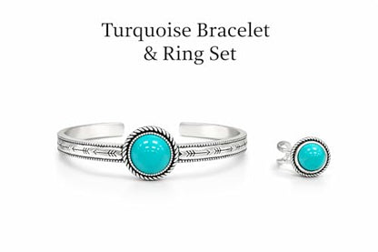 Isac Turquoise Cuff Bracelet and Ring Set, Silver-Tone, Boho Western Style, Arrow Engraved, Round Stone