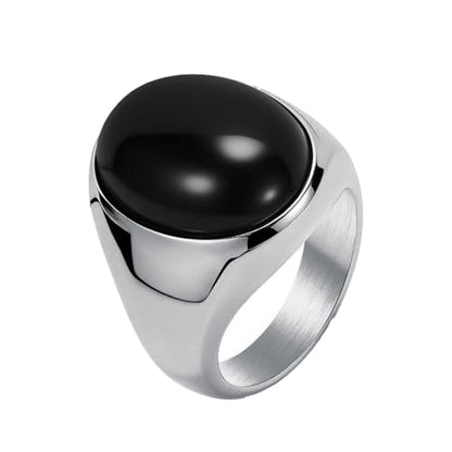 PAURO Men's Stainless Steel Oval Gemstone Signet Rings Minimalist Polish Plain Wedding Band - color: Silver Plated Black
