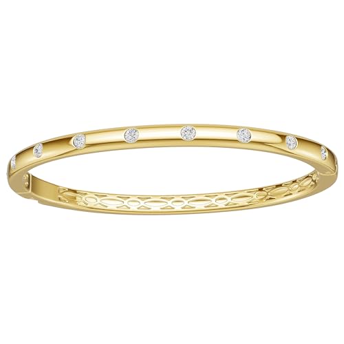 AuraLyric Gold Bracelets for Women, 14K Gold Plated Nail/Love/Emerald Green/Teardrop/Round White CZ Bangle Bracelets, Stackable Gold Bangles Non Tarnish, Gifts for Wife Mom Daughter 6.5 Inch - color: White CZ - Round
