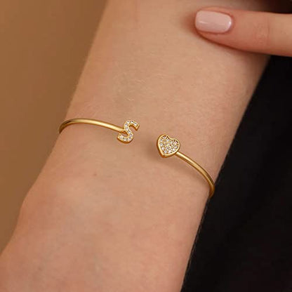 Gold Bracelets for Women Teen Girls, 14K Gold Plated Initial Heart Bangle | Adjustable Open Cuff Bracelet, Dainty Letter Jewelry, Daughter Sister Bridesmaid Friend, Birthday Christmas Graduation Gift - color: C.