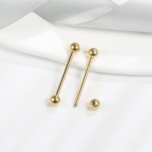 12mm-45mm 16G 14G Nipple Tongue Rings Industril Piercing Jewelry Externally Threaded 316L Surgical Steel Nipple Tongue Barbells Piercing Jewelry for Women Men Silver Black Gold Tone - color: Gold:16G-12mm-45mm Bars/5mm Balls
