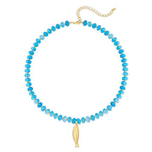 YUJIE Dainty Fish Pendant Necklace for Women 14k Gold Plated Ocean Fish Charm Necklace Summer - color: blue bead fish