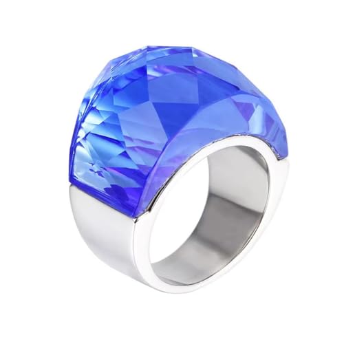 Oversize Crystal Glass Rhinestone Statement Ring Stainless Steel Pink Royal Purple Rainbow Cubic Zirconia Chunky Wedding Band for Women Cocktail Party Ring for Ladies Birthday - color: Silver Blue Stone