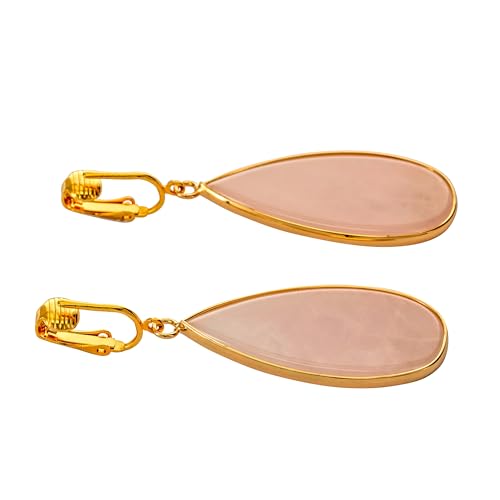 Aloha Earrings Non Pierced Gold Tone Clip On Natural Stone Teardrop Dangling Earrings - style: Rose Quartz