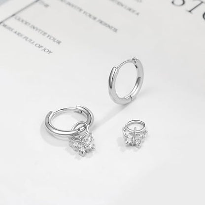 DAILY VIBES Cute Butterfly Star Cross Heart CZ Dangle Earrings for Women | 925 Sterling Silver Post, 14K Gold or Silver Plated, Mini Cubic Zirconia Dainty Drop, Cartilage Small Huggie Hoop Earrings - color: Silver Butterfly CZ