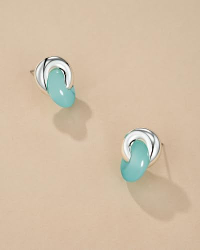 Small Twist Interlock Chunky 18K gold plated Gemstone Natural Stone (Brown, Green, Pink, White) Statement Earrings for Women by SNGIA, Dainty Love Knot Tiger Eye Amber Jade Tourmaline Bold Handmade Exaggerated Dome Retro Rounded Button Half Ball Trendy Bo