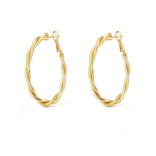 OGD Teardrop Hoop Earrings for Women 14K Gold Plated Large Chunky Oval Pull Through Hoop Earrings Statement Jewelry Gift for Women Hypoallergenic - color: Twisted Hoop-Gold38mm
