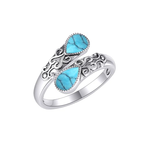 Ring for Women Sterling Silver Adjustable Band Open Rings Jewelry Gifts for Girls - style: Turquoise