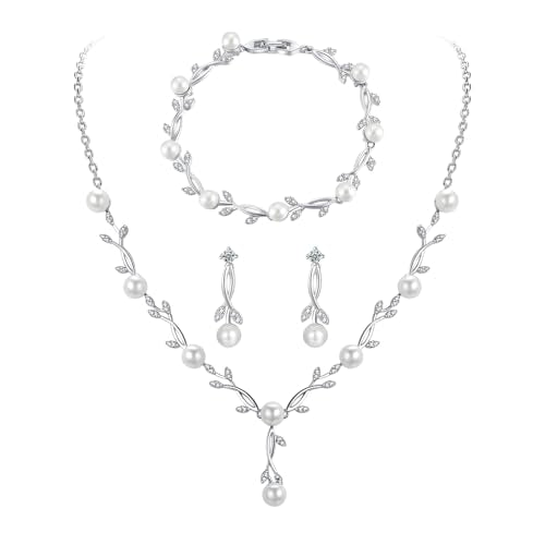 Jewelry Set for Women, Necklace Dangle Earrings Bracelet Set with White AAA Cubic Zirconia, Allergy Free Wedding Party Jewelry for Bridal Bridesmaid - color: Necklace+Braclelet+Earrings-pearl style