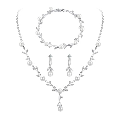 Jewelry Set for Women, Necklace Dangle Earrings Bracelet Set with White AAA Cubic Zirconia, Allergy Free Wedding Party Jewelry for Bridal Bridesmaid - color: Necklace+Braclelet+Earrings-pearl style