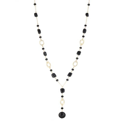 FULU AUTUMN Long Gold Beaded Necklaces for Women Natural Stone Bead Statement Pendant Necklace Y Sweater Chain Fashion Jewelry Gifts - color: Black