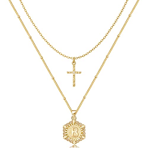 KELORIS PATH Gold Layered Initial Cross Necklace, 14K Gold Plated Layering Square Letter Pendant Figaro Chain Cross Choker from A-Z Capital Jewelry for Women Girls | 14K Gold Plated Square/Hexagon Letter Pendant with Figaro Chain, Stackable Jewelry Gifts,
