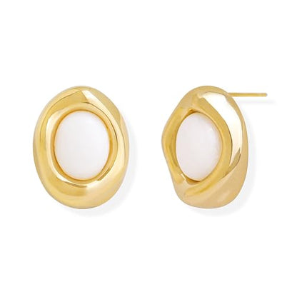 Jean Beau Chunky Gold Stone Stud Earrings for Women, Trendy Natural Gemstone Hypoallergenic Earing Valentine Jewelry Gift - color: White