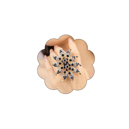 Elegant Big Crystal Flower Ring for Women Gold Rhinestone Floral Rings Open Finger Adjustable Crystal Flower Statement Ring Jewelry for Bridal Wedding - color: Flower 2 - blue