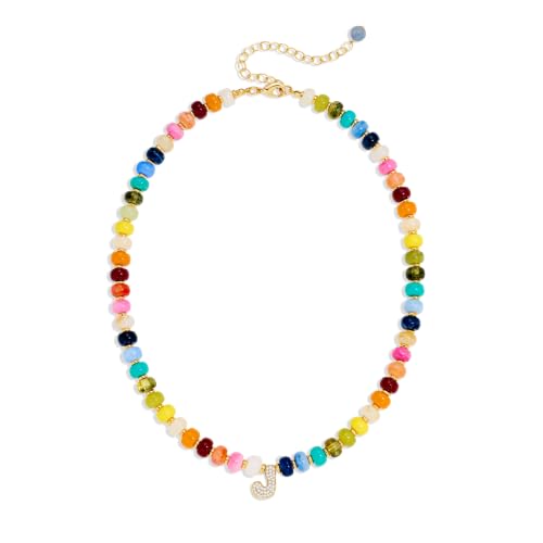 Colorful Beaded Initial Necklace for Women - Colorful Letter A-Z Necklaces, 14K Gold Plated Zirconia Bubble Letter Charm, Women Gold Jewelry Personalized Birthday Gifts - color: J