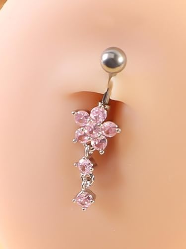 QWALIT Belly Button Rings 14G Surgical Steel Belly Rings CZ Opal Navel Piercing Jewelry for Women Girls 3/8" 10mm Silver Rose Gold - color: E2- dangle 3pcs- silver pink