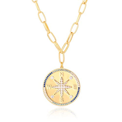 Aobei Pearl 18K Gold Plated Moon Star Lion Evil Eye Love Heart Cross Pendant Necklace Medallion Paperclip Chian Choker Layering Jewery for Women - color: Golden Compass