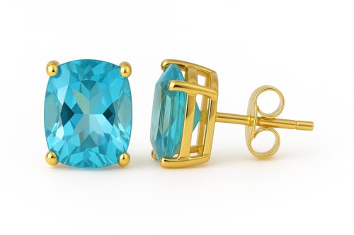 Women's 18K Gold Plated 8x10mm Princess Cut Gemstone Stud Earrings – Birthstone Jewelry for Her – Classic Cushion Studs - color: Blue Topaz